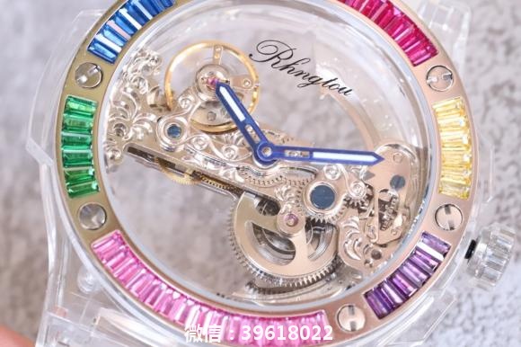 恒宝“水晶表” 潮人必备单品 款式五颜六色彩色镶钻 采用全透明表壳 非常特别个性特别独特的一款腕表