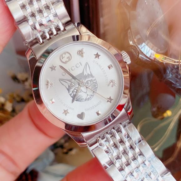 .发货实拍 gucci古奇G-Timeless系列可爱猫猫表盘间金男女手表腕表