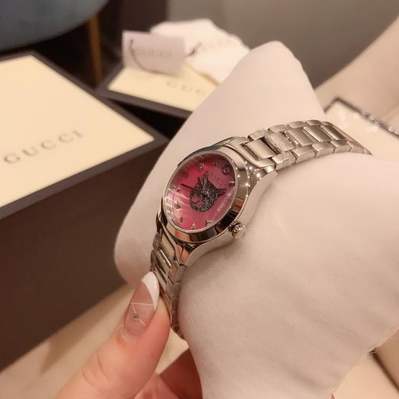 Gucci G-Timeless 专柜新款 粉色猫猫 贝母表盘 女士石英腕表