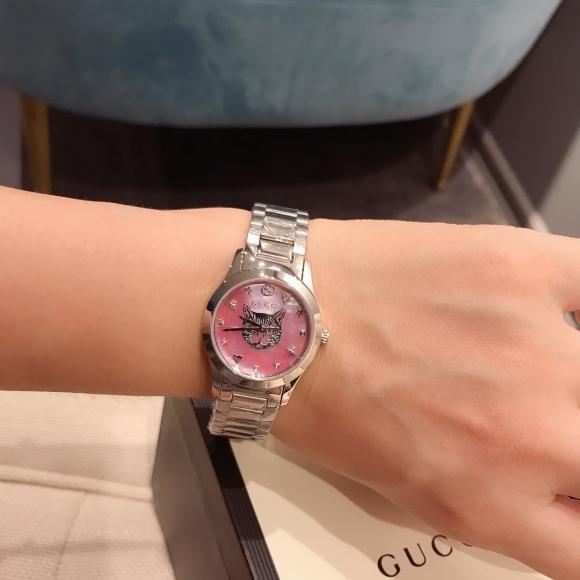 Gucci G-Timeless 专柜新款 粉色猫猫 贝母表盘 女士石英腕表